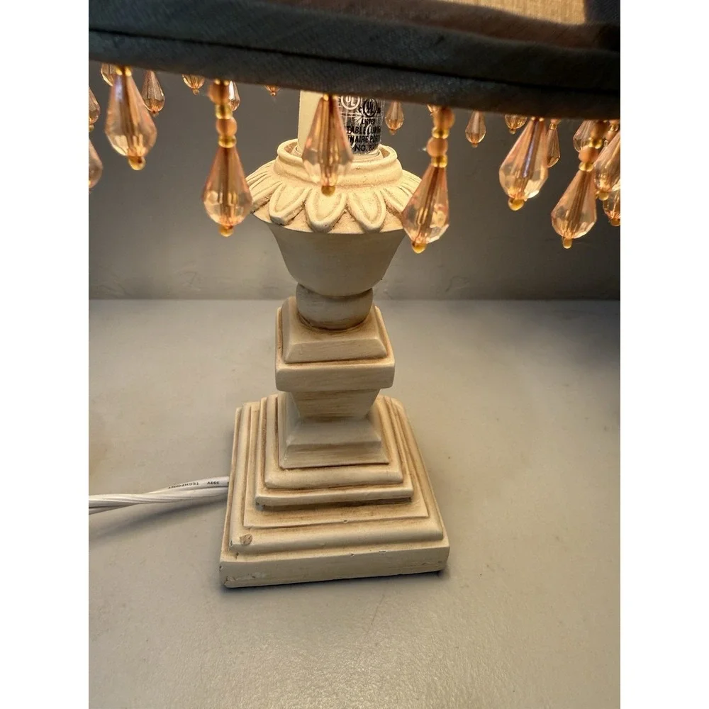 Vintage Victorian Fringe Table Lamp Small Cream Beige Resin Base 11